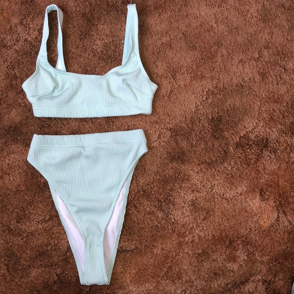 ASOS RIBBED MINT BLUE HIGH WAIST BIKINI SET - Picture 2 of 3